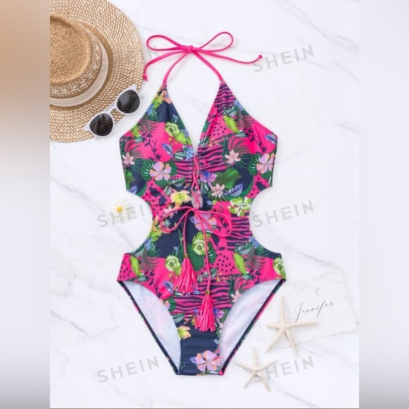 Floral Print Lace Up Front- One piece - Picture 1 of 8